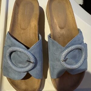 Graceland Light Blue Suede Slide Sandals with Decorative Buckle from Europe